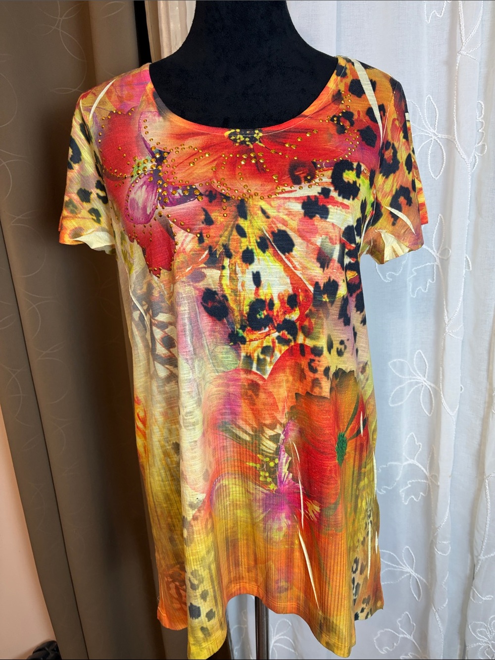 Style and Co. Women's Multicolor Floral & Animal Print Flutter Sleeve Tunic Top